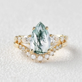 Graceful Feature Chic Layer 3.0ct Pear Shaped Moss Agate & Pearl Bridal Ring Set 2pcs
