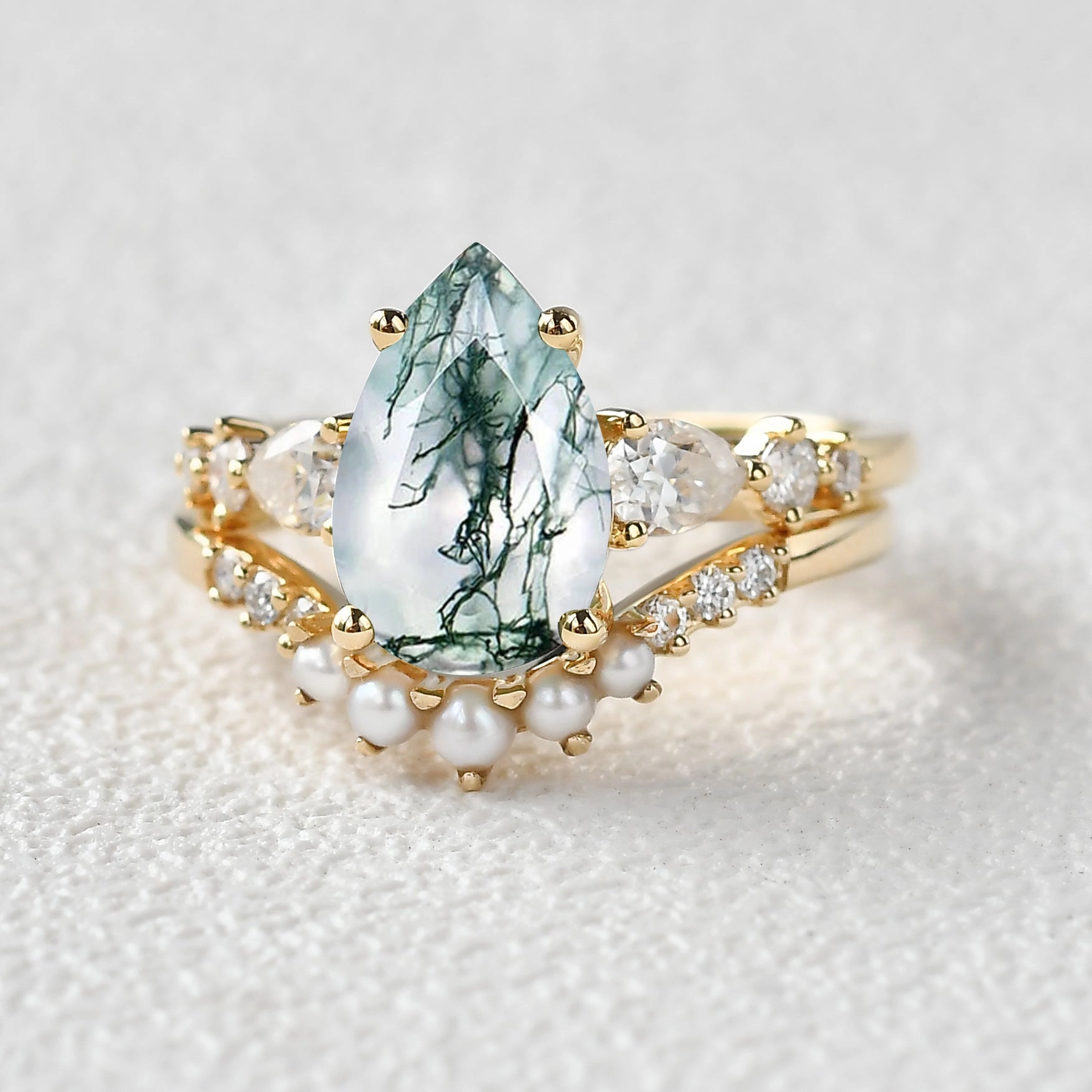 Glow Accent 3.0ct Pear Shaped Moss Agate & Pearl Bridal Ring Set 2pcs