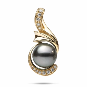 Vibrant Highlight Tahitian Black Pearl Pendant in Gold with Diamonds - 14-15mm