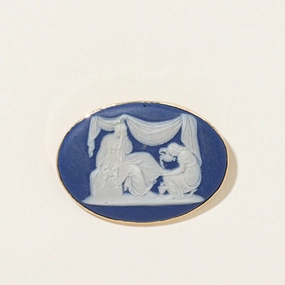 'Wedgewood' 14K Rose Gold Antique Blue Jasperware Cameo Brooch Holiday Party Soft Mood