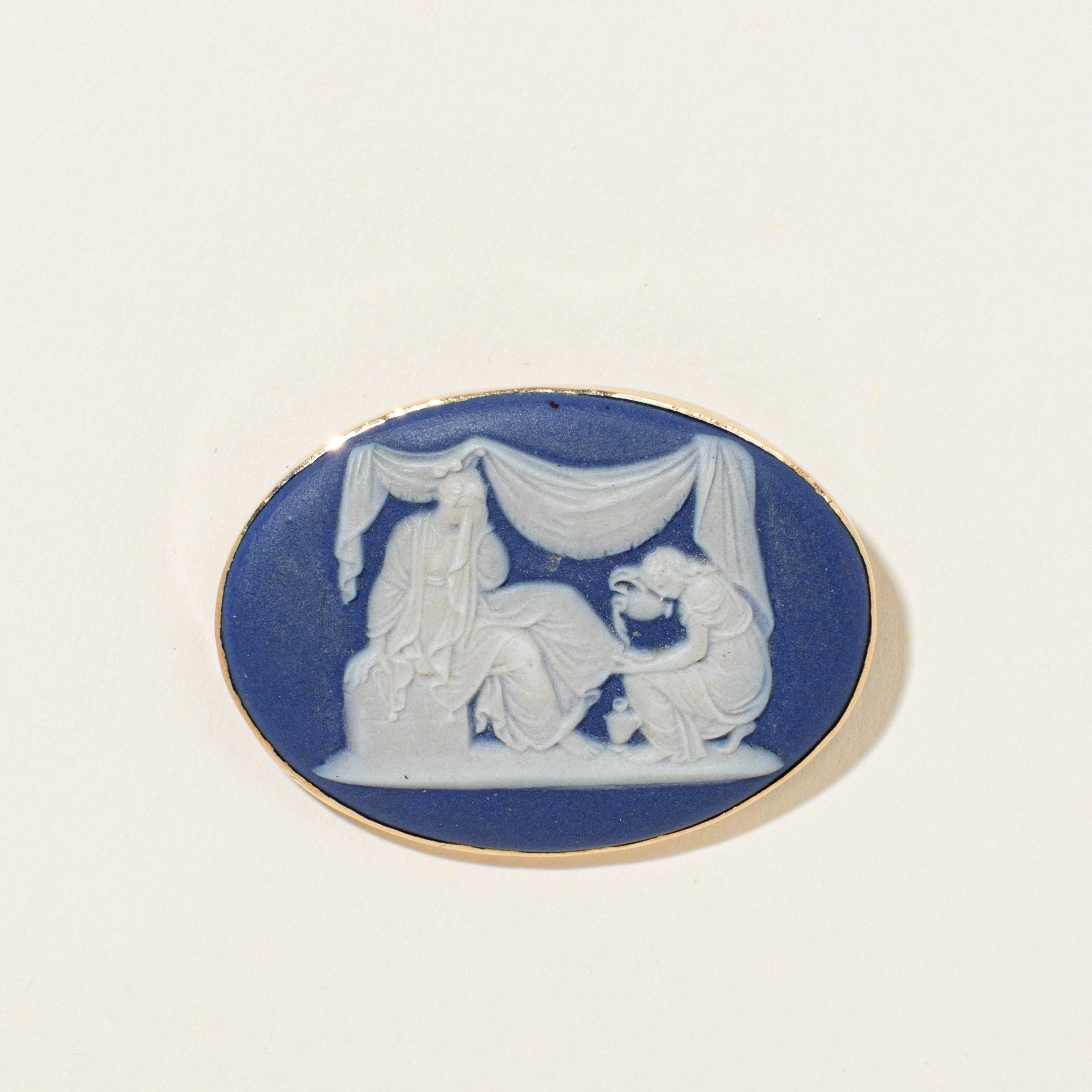 'Wedgewood' 14K Rose Gold Antique Blue Jasperware Cameo Brooch Holiday Party Soft Mood