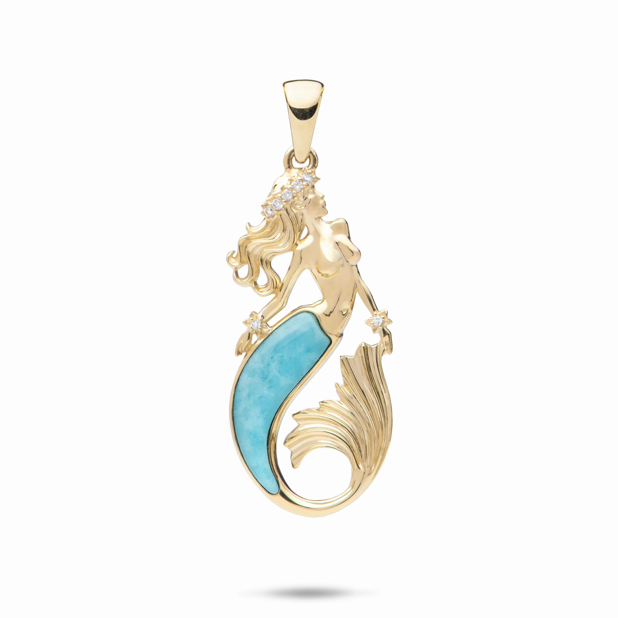 Luxury Touch Design Sealife Mermaid Turquoise Pendant in Gold with Diamonds - 30mm