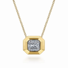 14K Yellow Gold Geometric Baguette and Round Diamond Pendant Necklace Styled Accent
