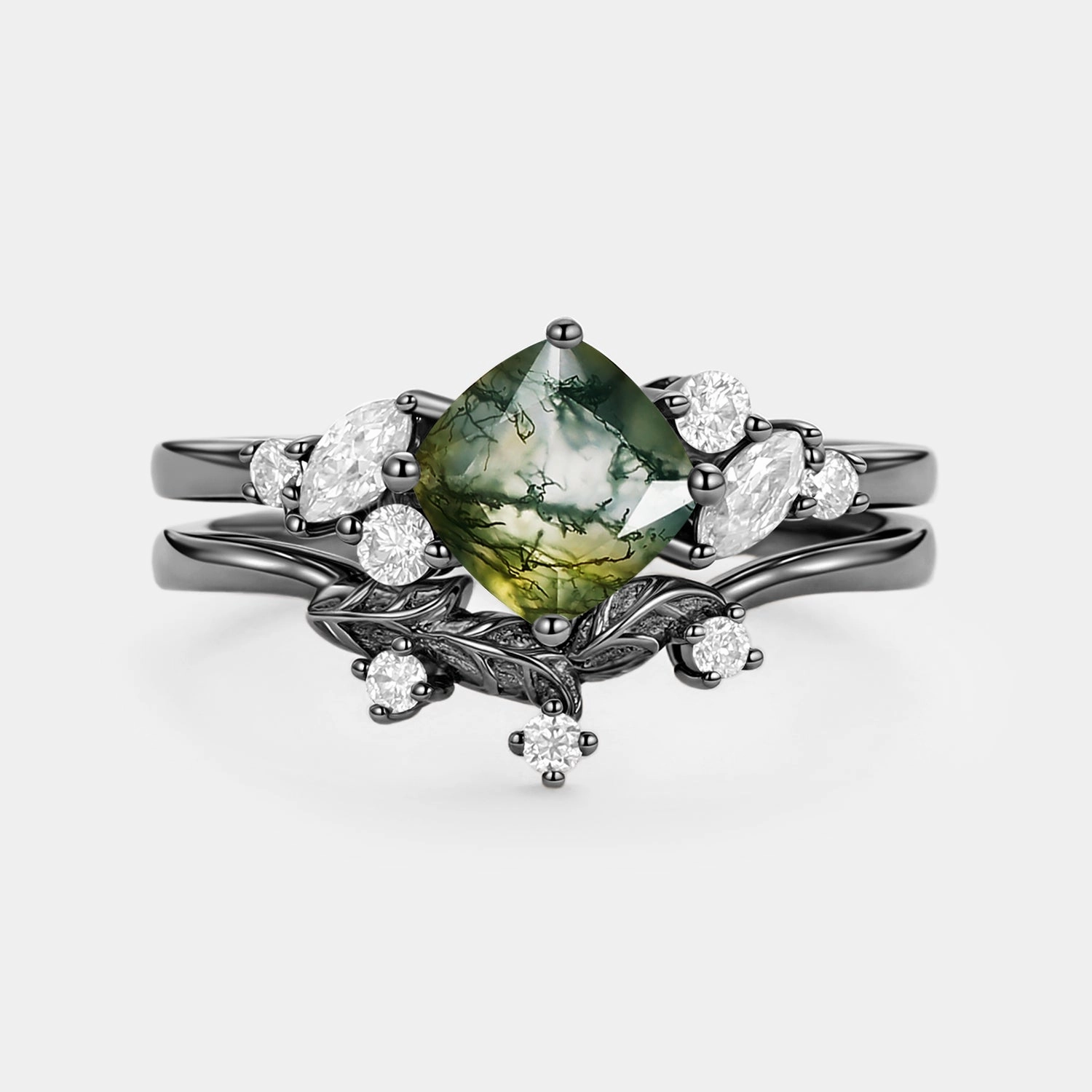 Polished Details Moss Agate Cushion Cut Engagement Ring Set 2pcs - Glen