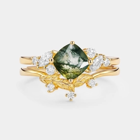 Alluring Charm Moss Agate Cushion Cut Engagement Ring Set 2pcs - Glen