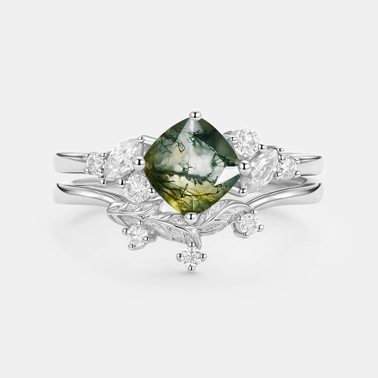 Camera Mood Moss Agate Cushion Cut Engagement Ring Set 2pcs - Glen