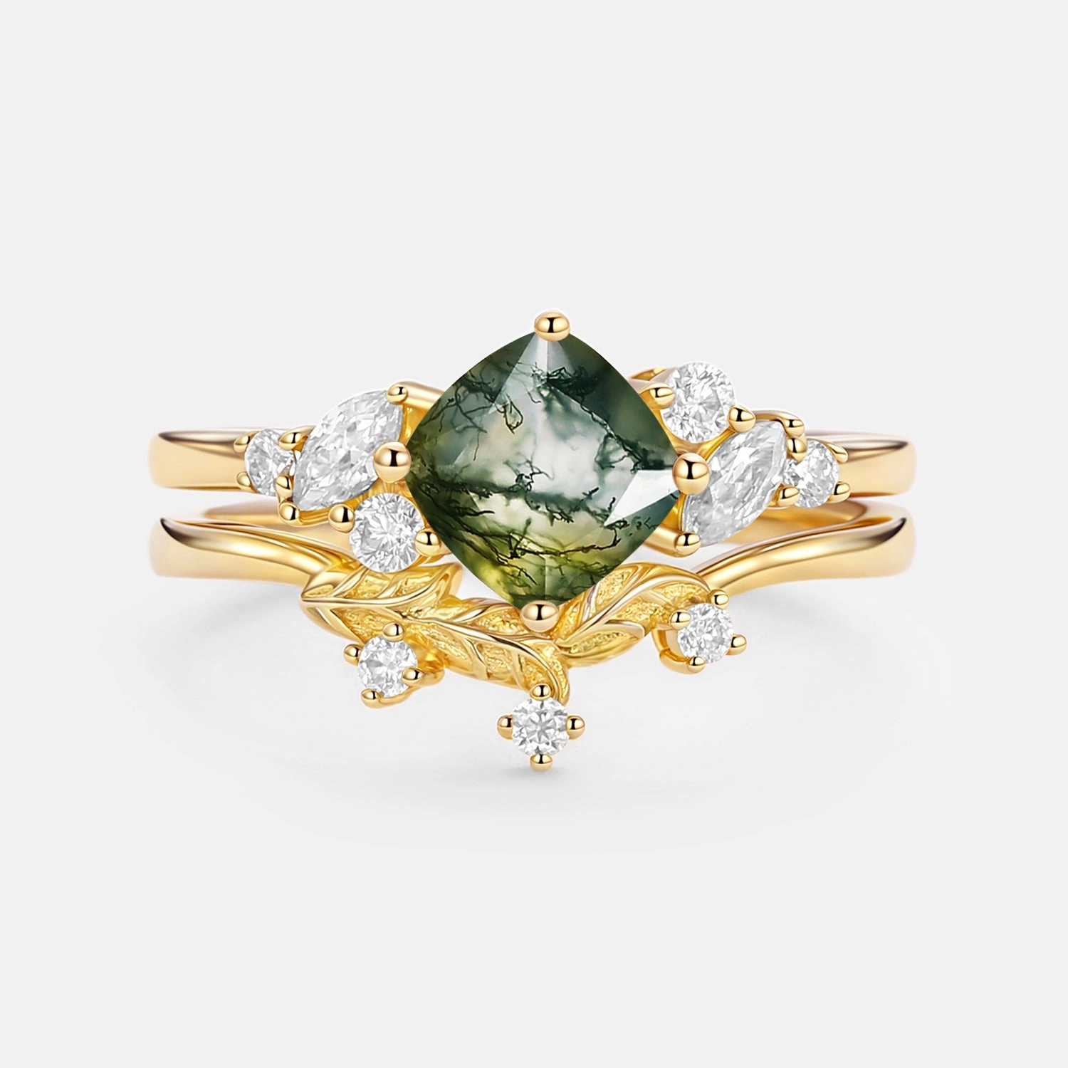 Alluring Charm Moss Agate Cushion Cut Engagement Ring Set 2pcs - Glen