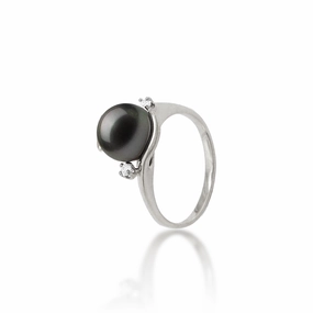 Finest Craft Tahitian Black Pearl Ring in White Gold with Diamonds - 9-10mm