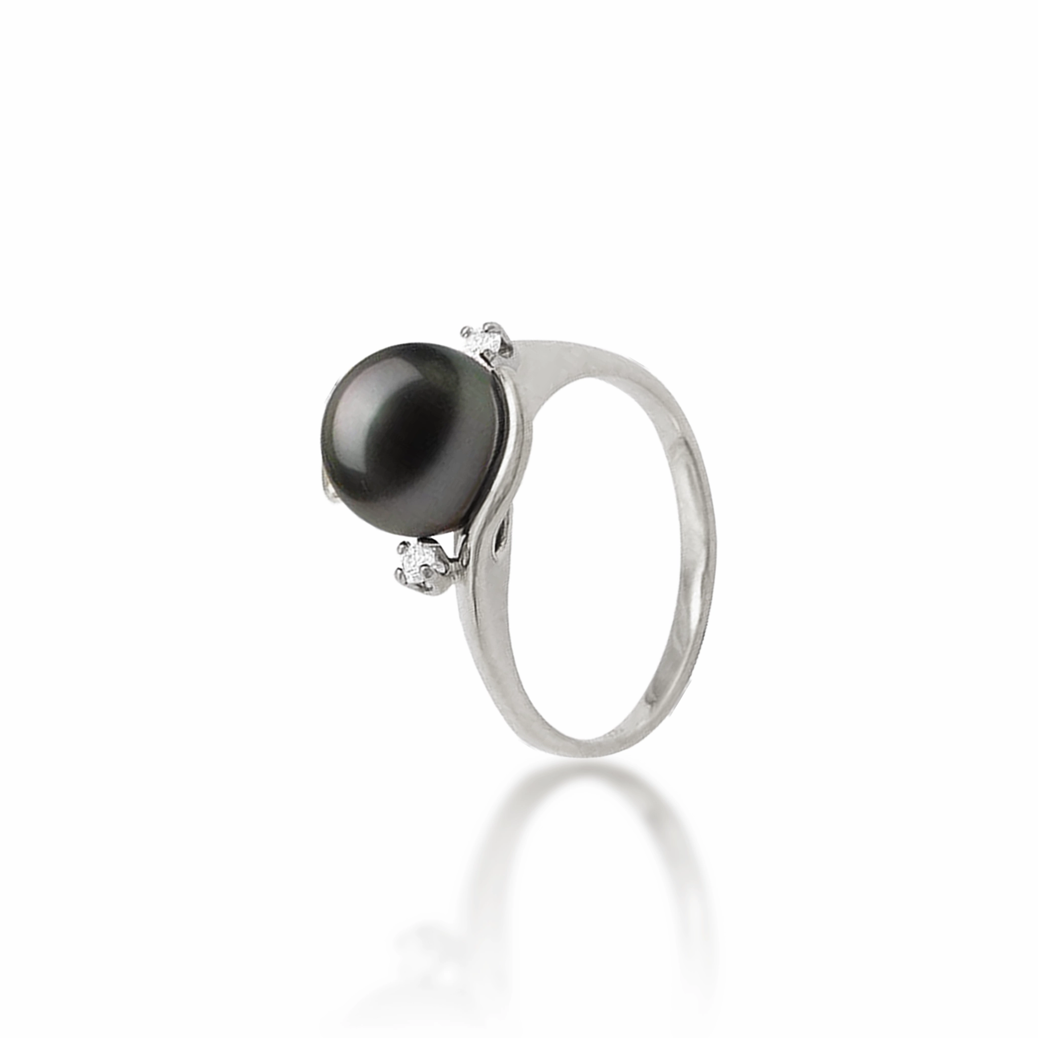 Tahitian Black Pearl Ring in White Gold with Diamonds - 9-10mm Smooth Lines
