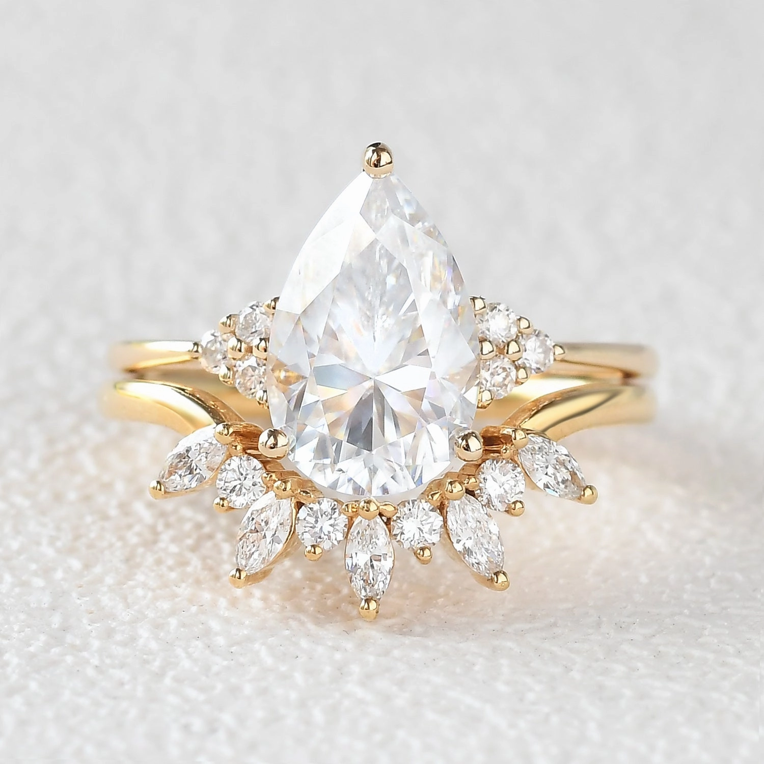 Glistening Accent Iconic Touch 4.0ct Pear Moissanite Cluster Engagement Ring Set 2pcs