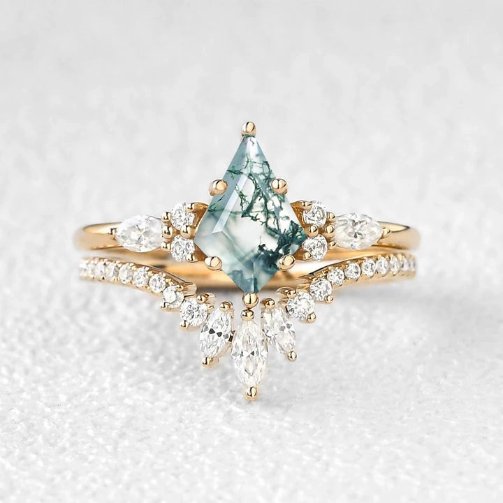 Contemporary Form Iconic design Kite Cut Moss Agate Three Stone Engagement Ring Set 2pcs - Rebecca