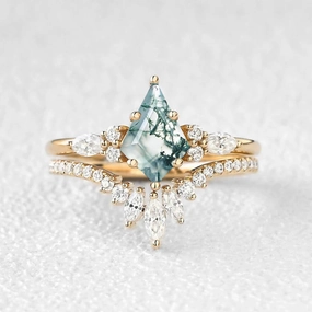 Contemporary Form Iconic design Kite Cut Moss Agate Three Stone Engagement Ring Set 2pcs - Rebecca