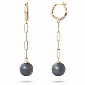 Tahitian Black Pearl Paperclip Chain Earrings in Gold - 9-11mm Gentle Accent Lively Spark