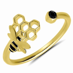 10K Yellow Gold 0.01cttw Black Diamond Bee & Honeycomb Fashion Ring Classic Pairing Luxe style