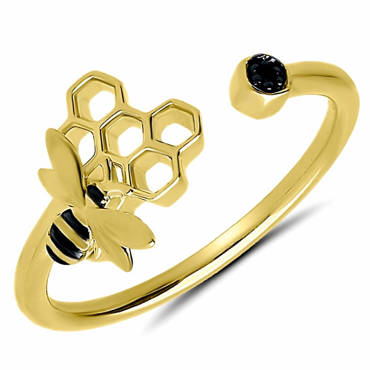 10K Yellow Gold 0.01cttw Black Diamond Bee & Honeycomb Fashion Ring Classic Pairing Luxe style