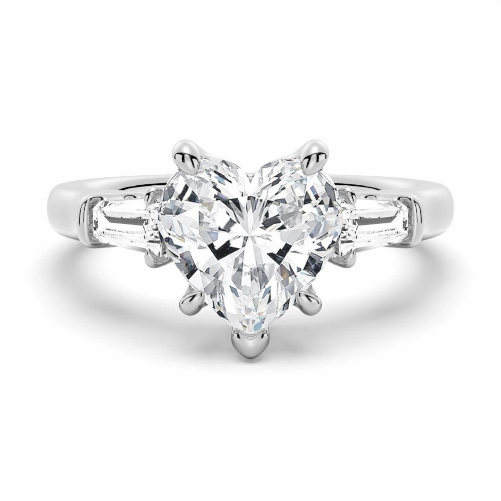 Heart Shaped Moissanite Engagement Ring with Tapered Baguette Side Stones Elegant Focus