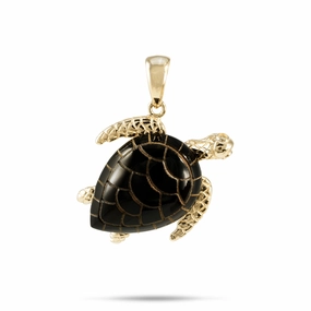 Honu Black Coral Pendant in Gold with Diamonds - 21mm Night Out Fashion Finish