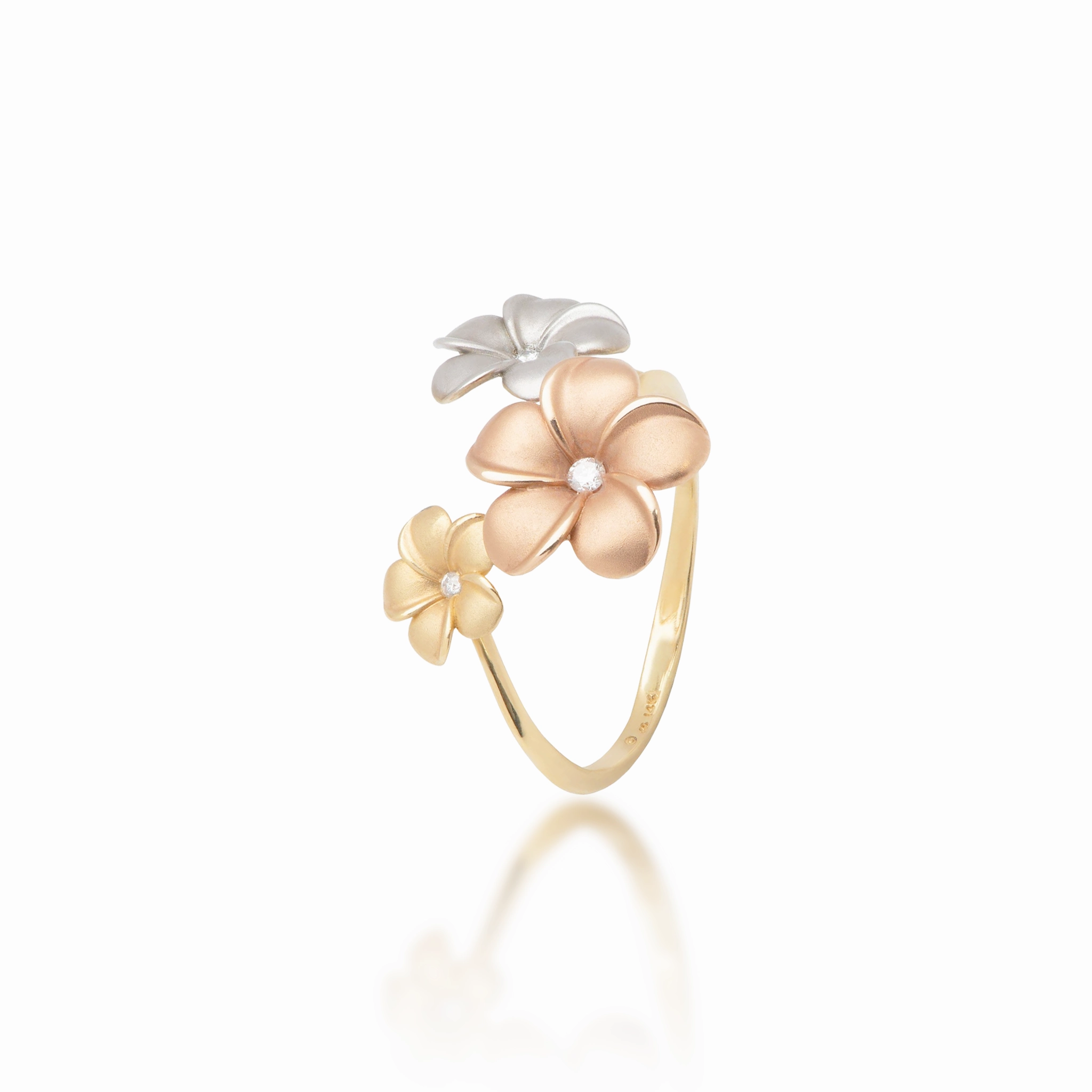 Soft Spark Plumeria Ring in Tri Color Gold with Diamonds - 12mm