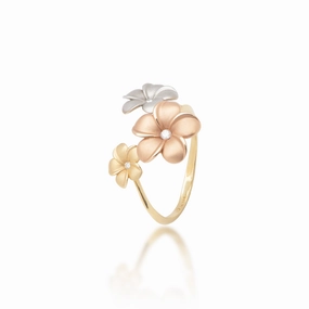 Plumeria Ring in Tri Color Gold with Diamonds - 12mm Bright design