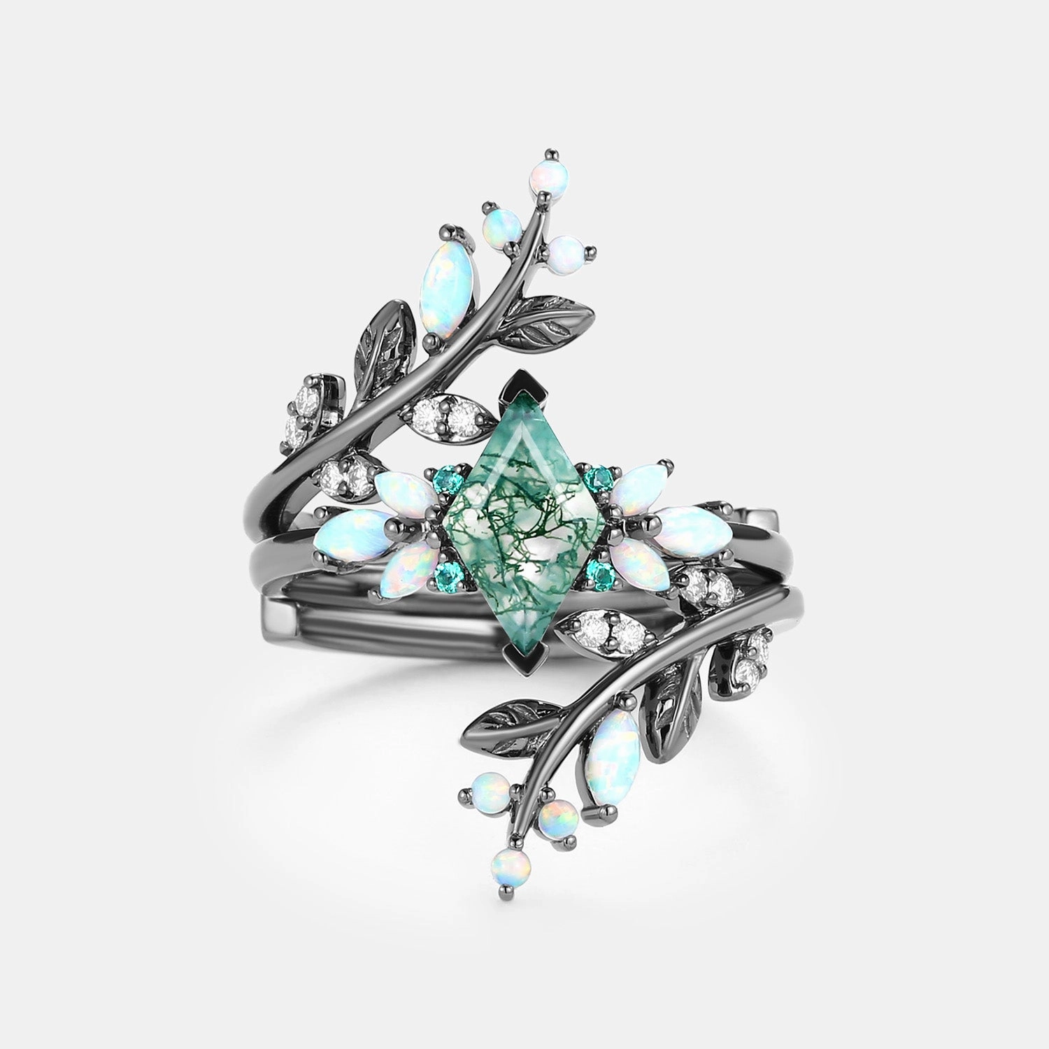 Subtle Shine Understated Mood Black Gold Moss Agate & Opal & Emerald Cage Leafy Engagement Ring 2pcs - Knight