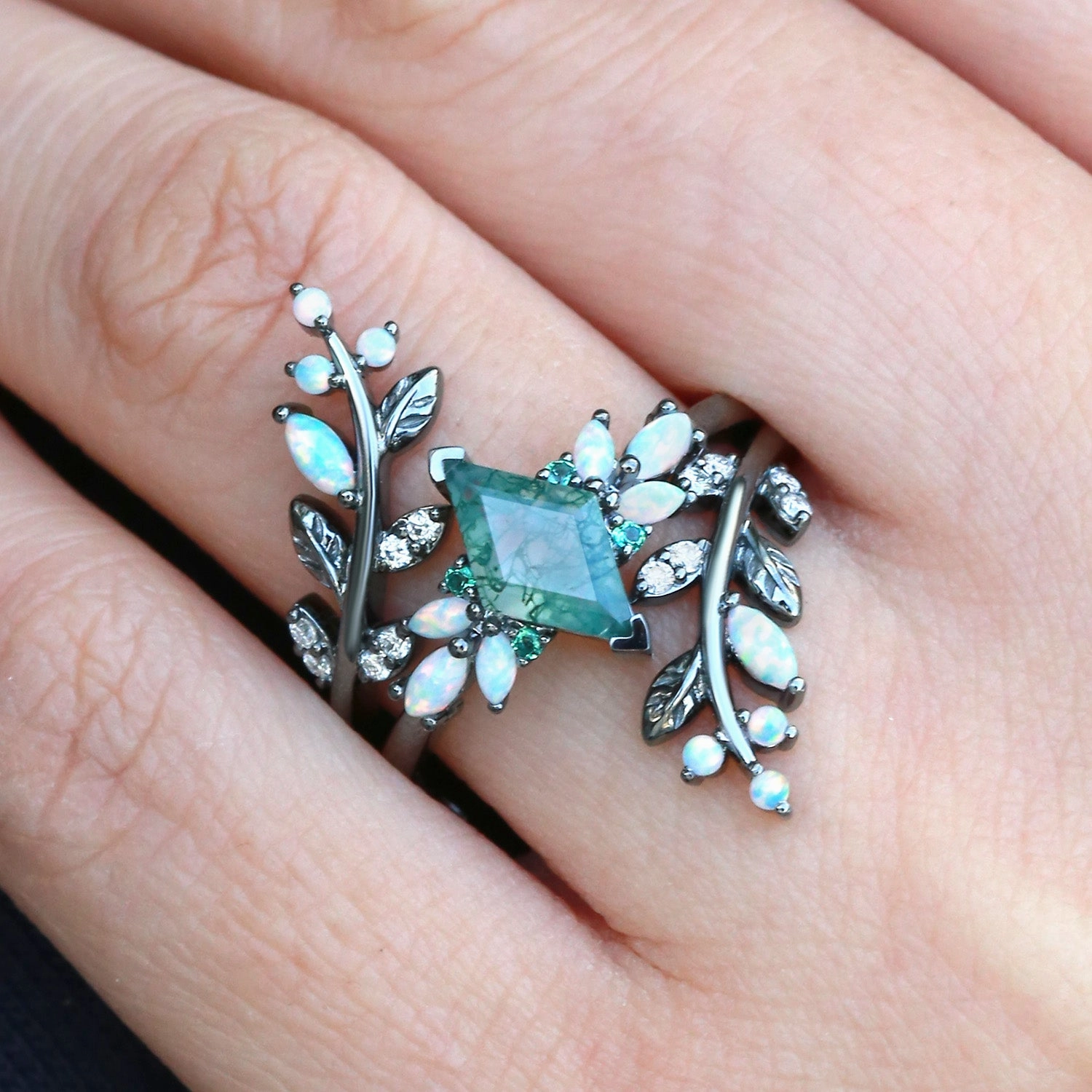 Classic Finish Black Gold Moss Agate & Opal & Emerald Cage Leafy Engagement Ring 2pcs - Knight