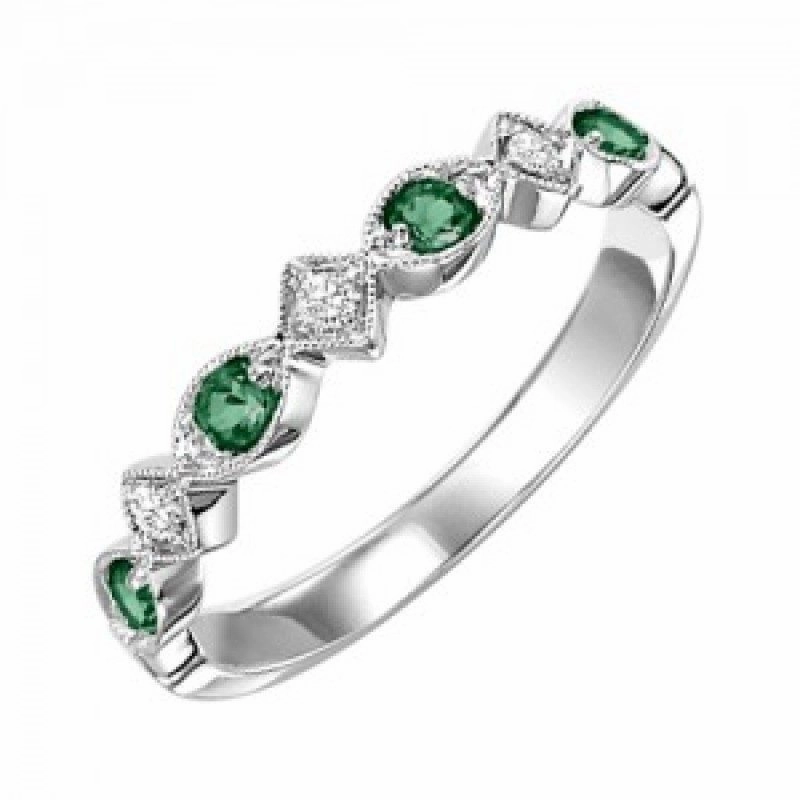 Special Treat Effortless Look Diamond and Emerald Birthstone Ring 14K White Gold