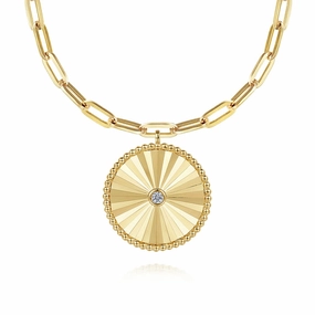 Simple Detail Diamond Cut - 18" 14K Yellow Gold Textured Diamond Medallion Hollow Chain Necklace