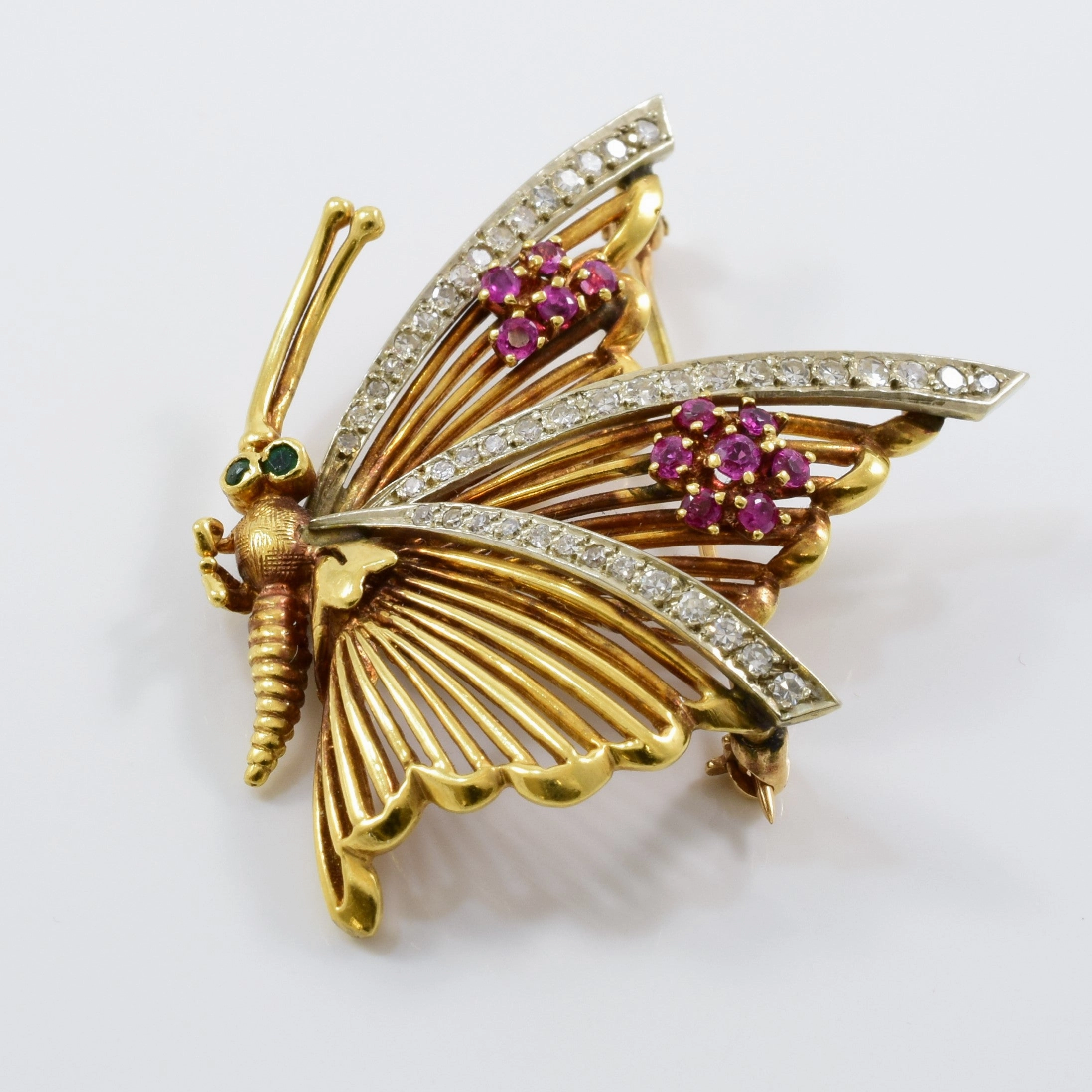 Diamond, Ruby and Emerald Butterfly 18k Brooch | 0.45 ctw, 0.25ctw, 0.03ctw | summer look Contemporary Highlight