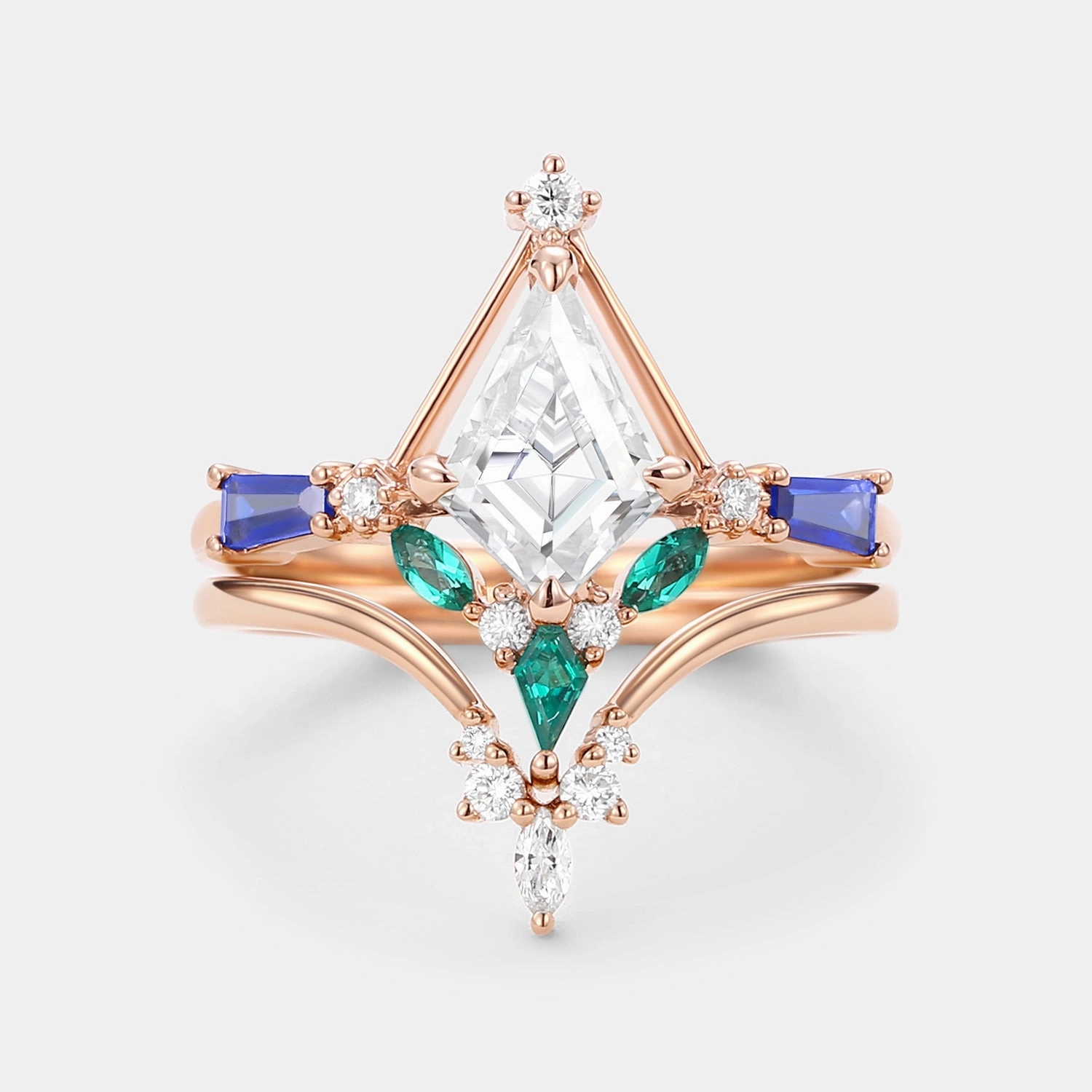 Formal Gift Fashionable Detail Unique Kite Cut Moissanite Curved Engagement Ring Set 2pcs