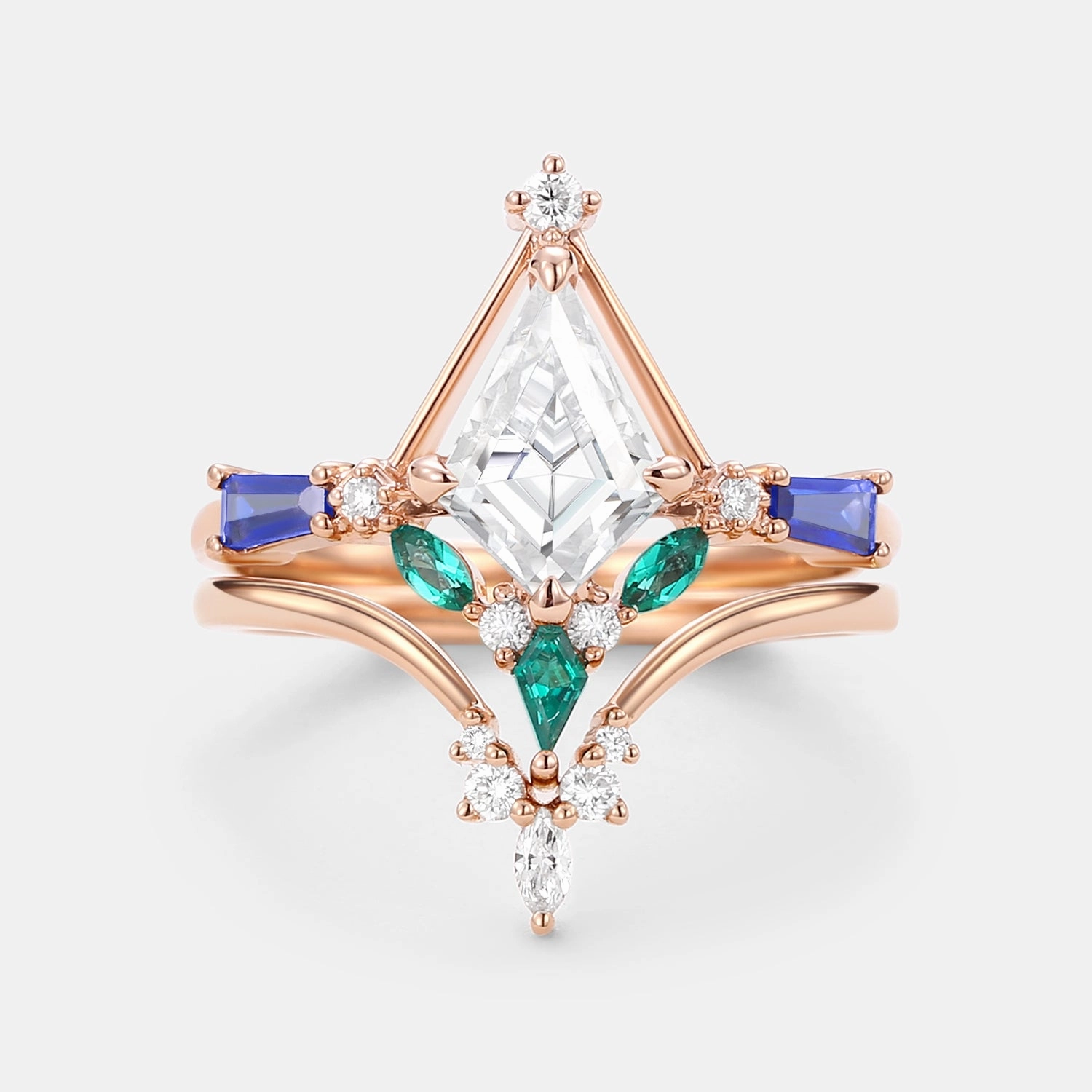 Unique Kite Cut Moissanite Curved Engagement Ring Set 2pcs Golden Accent Polished Edge