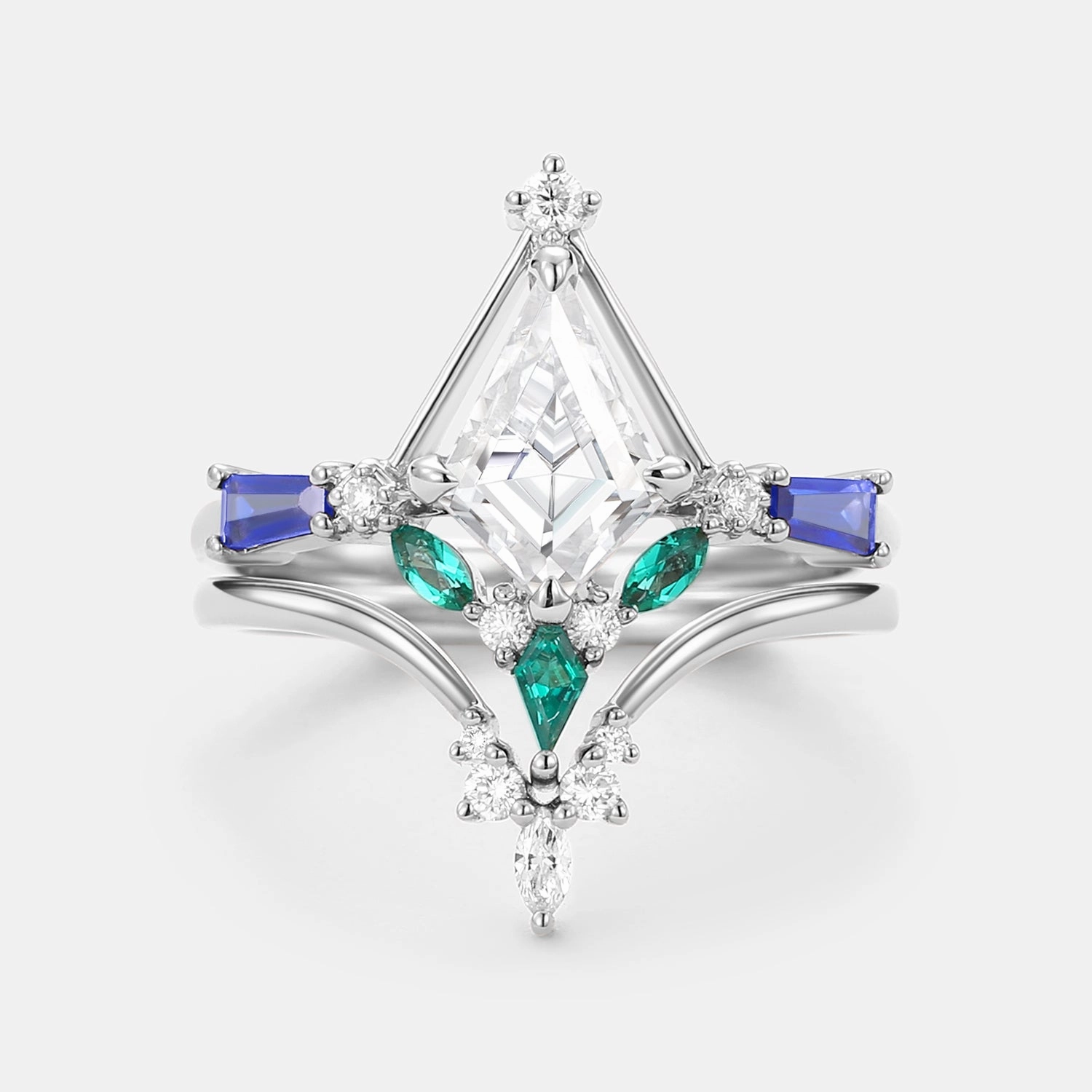 Seasonal Style High impact Unique Kite Cut Moissanite Curved Engagement Ring Set 2pcs