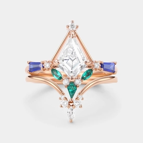 Unique Kite Cut Moissanite Curved Engagement Ring Set 2pcs Golden Accent Polished Edge