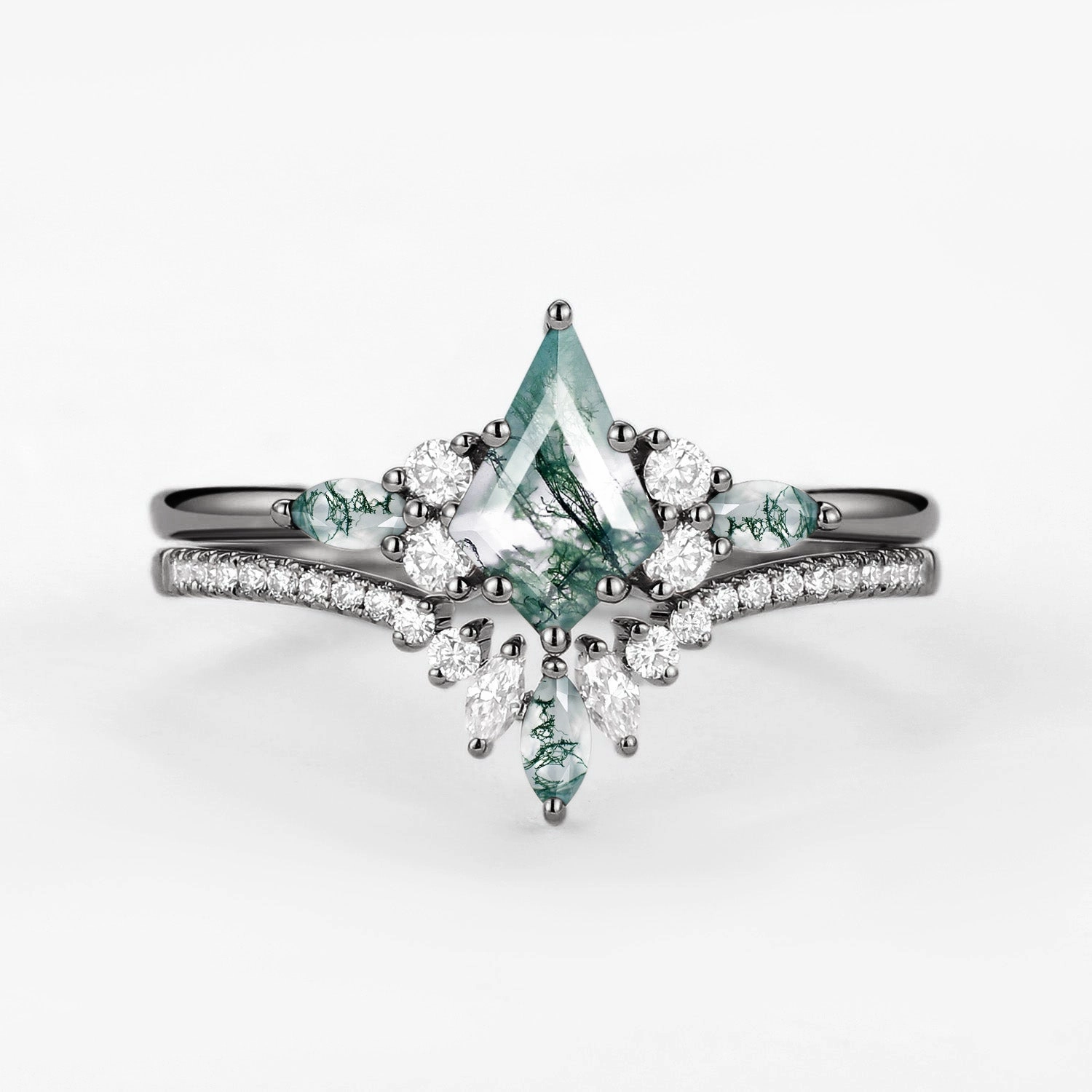 Flawless Glow Black Gold Kite Cut Green Moss Agate Bridal Set 2pcs - Rebecca