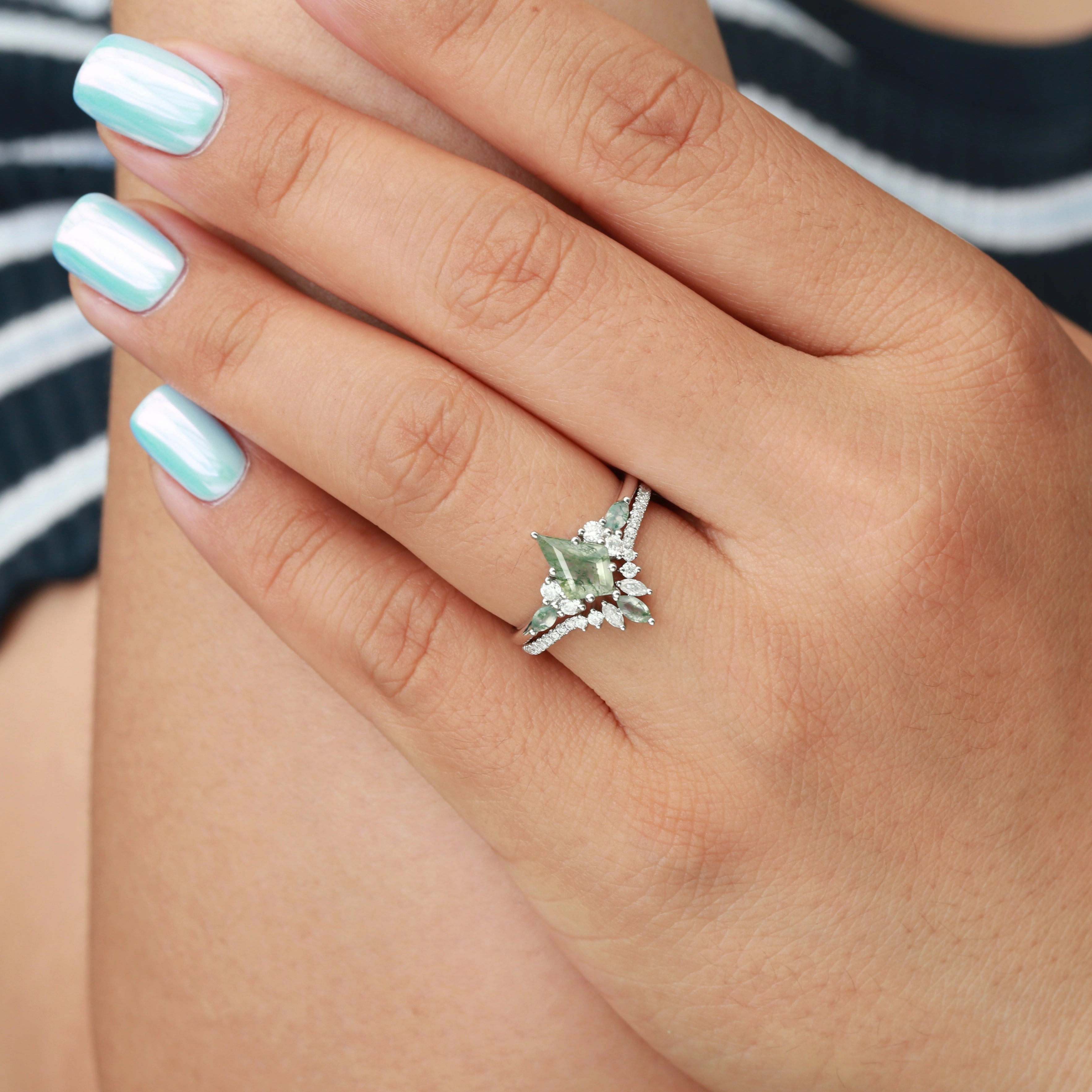 Black Gold Kite Cut Green Moss Agate Bridal Set 2pcs - Rebecca Romantic Look