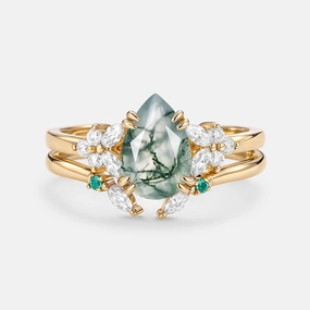 Cluster Pear Shaped Moss Agate Chevron Gold Ring Set 2pcs - Anya Modern Piece Vibrant Charm