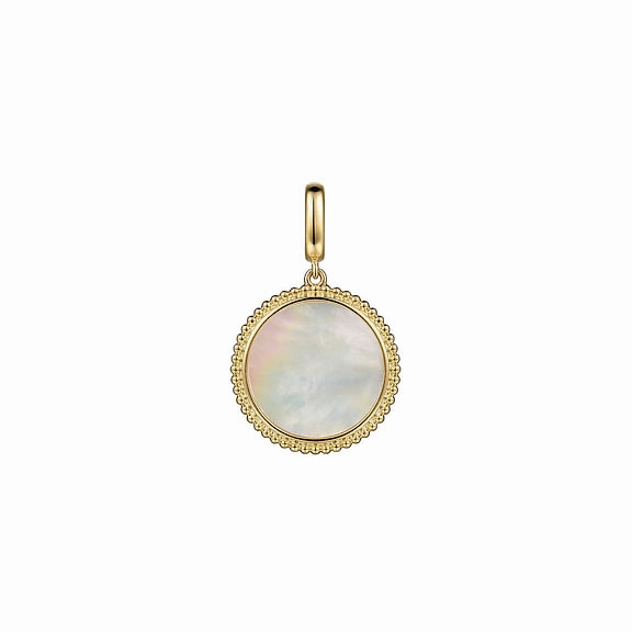 14K Yellow Gold Round Mother of Pearl Inlay Pendant Glistening Piece