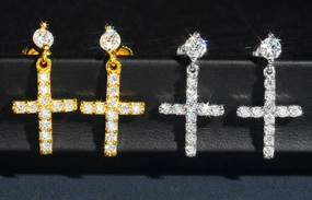 Polished Design Cross Pendant Dangling Earrings | S925 | Moissanite