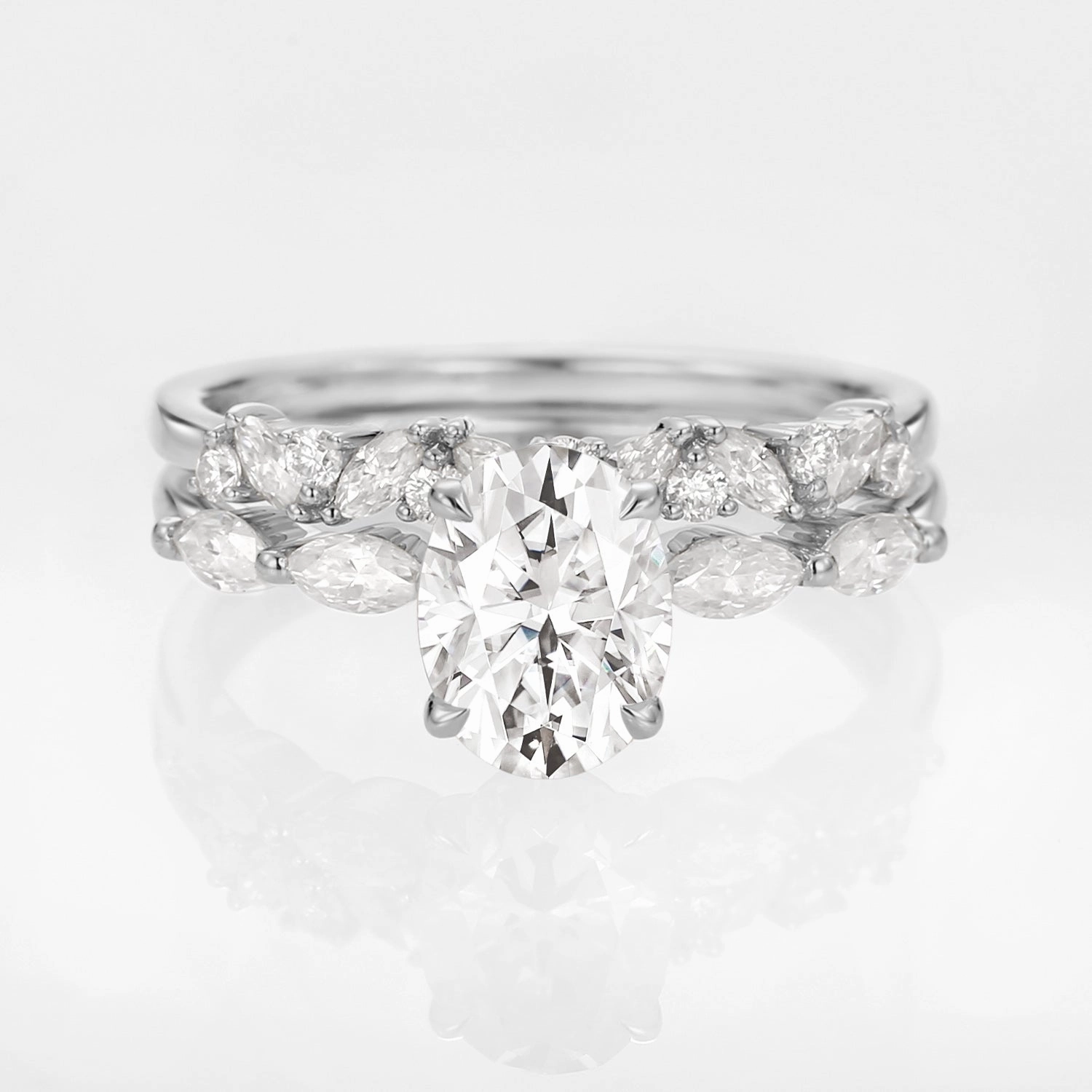 Oval Moissanite Cluster Marquise Ring Set 2pcs - Isabella Refined Shine Impeccable Form