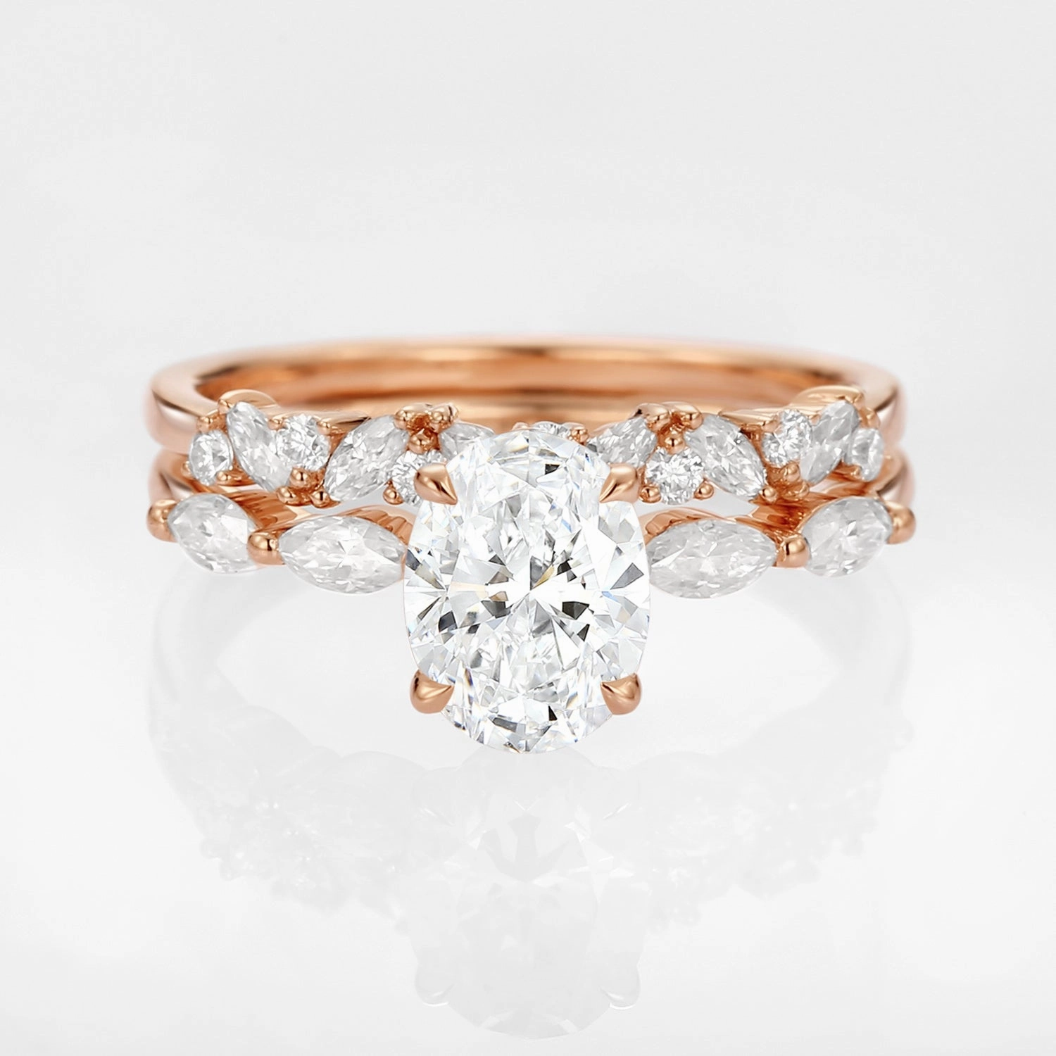 Oval Moissanite Cluster Marquise Ring Set 2pcs - Isabella Textured Detail