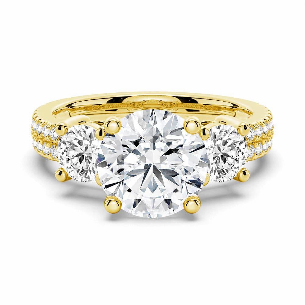 Refined Finish Sparkling finish Double Row Pave Three Stone Round Cut Moissanite Engagement Ring