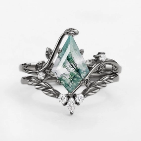 Signature Present Daily Texture Black Gold Moss Agate Kite Cut Vine Engagement Ring Set 2pcs - Twigs
