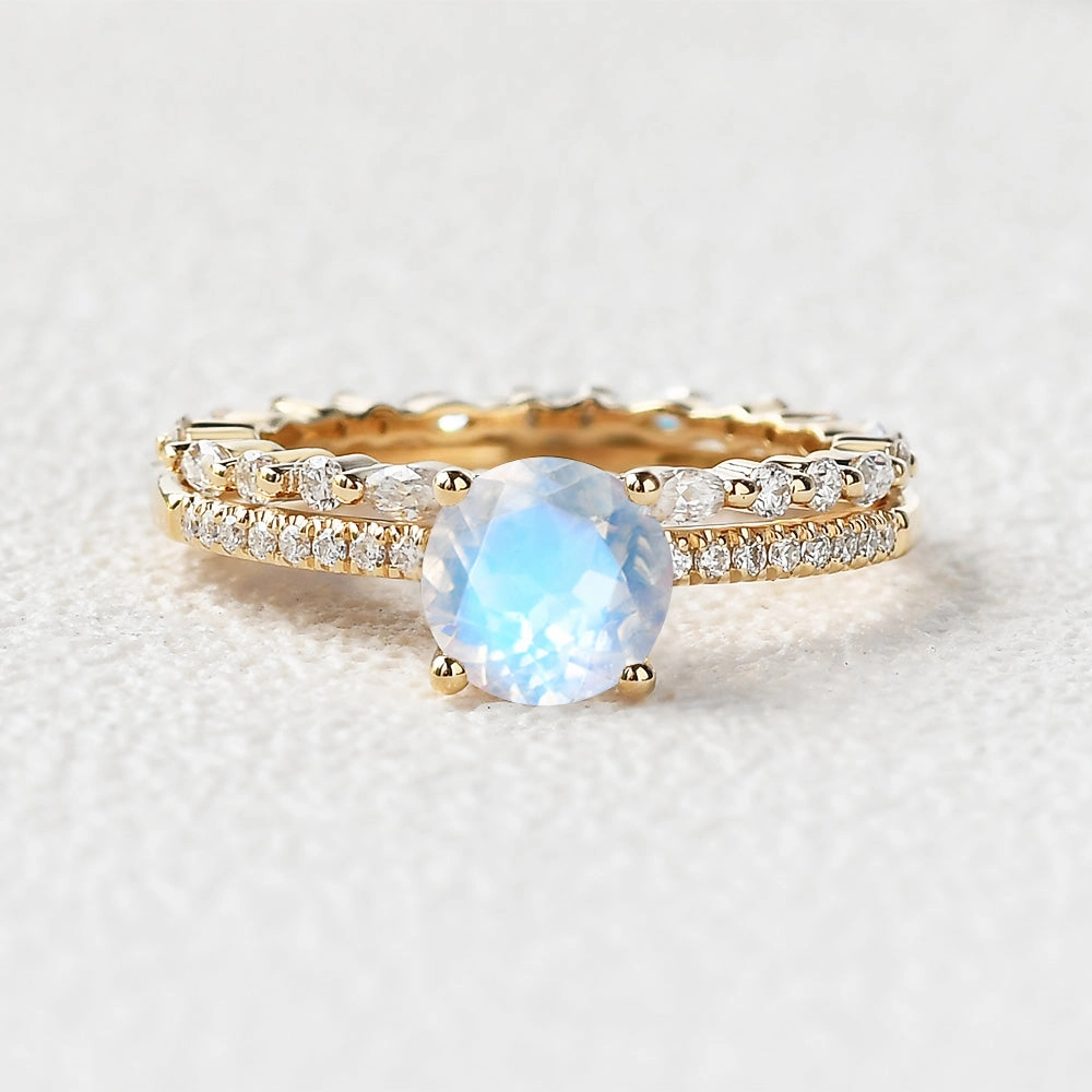 Round Cut 4 Prongs Moonstone Engagement Ring Set 2pcs Brilliant Shine Travel Friendly