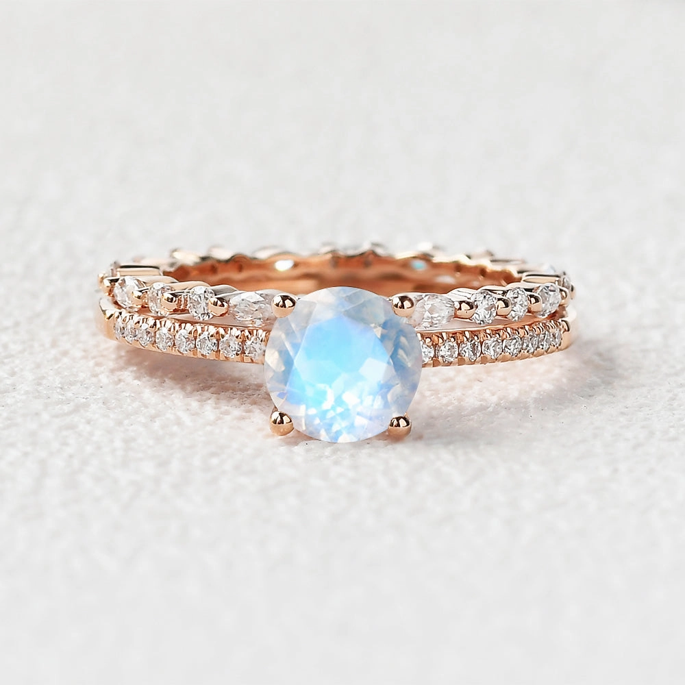 Fashion pieces Round Cut 4 Prongs Moonstone Engagement Ring Set 2pcs