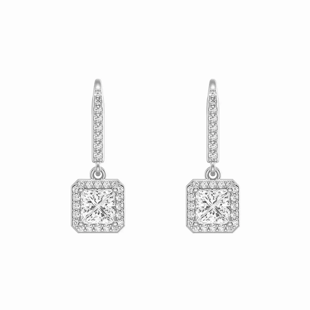 Framed Solitaire Princess Cut Moissanite Drop Earrings Unique Glow Light tone