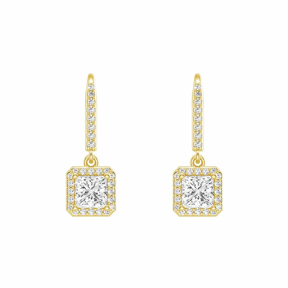 Modern Touch Framed Solitaire Princess Cut Moissanite Drop Earrings