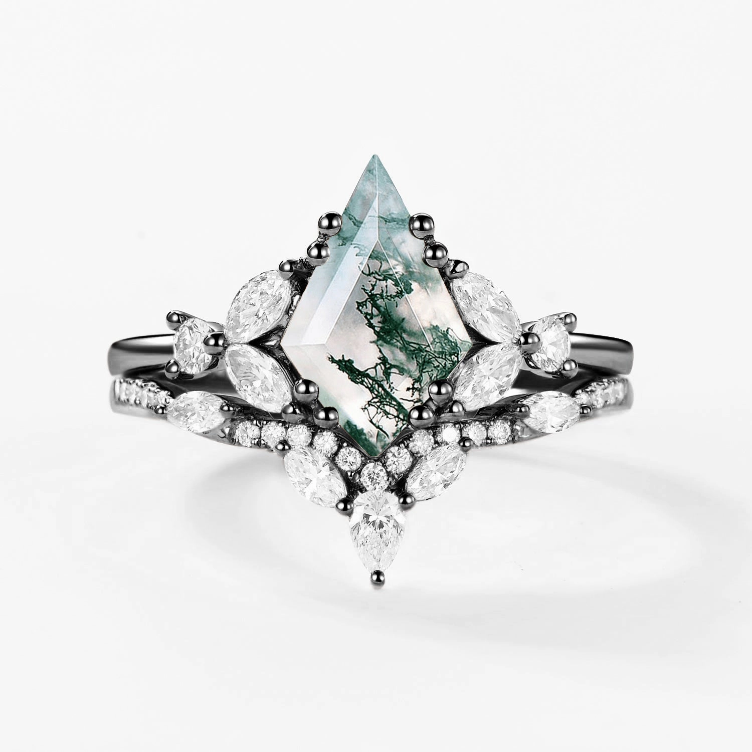 Chic Ornament Black Gold Moss Agate Cluster Engagement Ring Set 2pcs