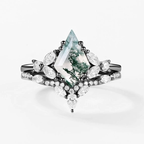 Black Gold Moss Agate Cluster Engagement Ring Set 2pcs Casual Texture