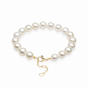 Lively Spark Casual Detail 7.5-9" Adjustable White Freshwater Pearl Bracelet in Gold - 9-10mm