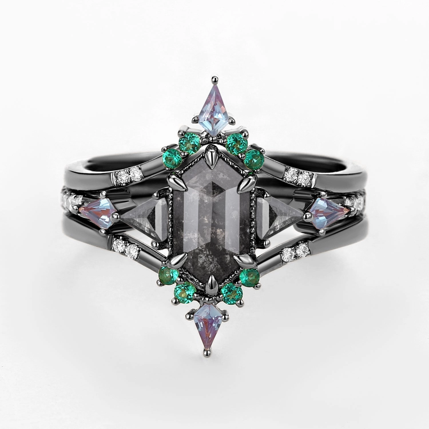 Modern Accessories Black Gold Long Hexagon Salt and Pepper Diamond & Opal & Alexandrite & Emerald Engagement Ring Set 3pcs - Max