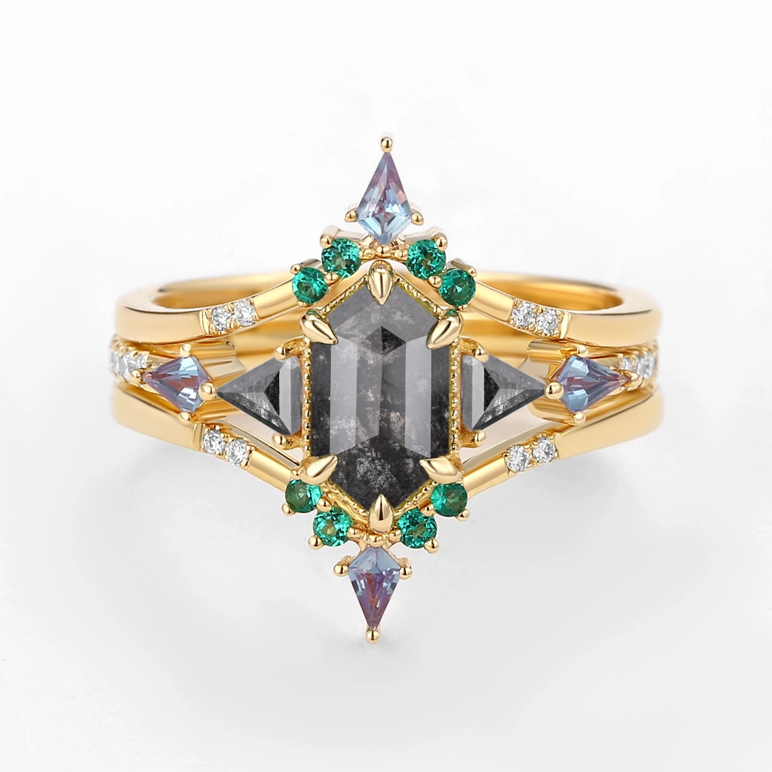 Modern Match Black Gold Long Hexagon Salt and Pepper Diamond & Opal & Alexandrite & Emerald Engagement Ring Set 3pcs - Max